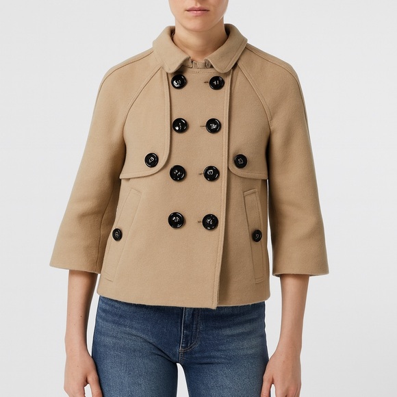 Burberry Jackets & Blazers - Burberry Peacoat Women 6 Beige Crop Waist Length Wool Cashmere 3/4 Sleeve *FLAWS